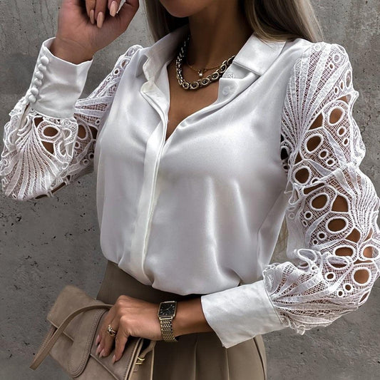 Elegant Women's Blouse with Lace Long Sleeves and Silky Finish – Versatile Button-Down Long Sleeve Top for Formal and Casual Wear 0