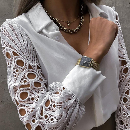 Elegant Women's Blouse with Lace Long Sleeves and Silky Finish – Versatile Button-Down Long Sleeve Top for Formal and Casual Wear 1