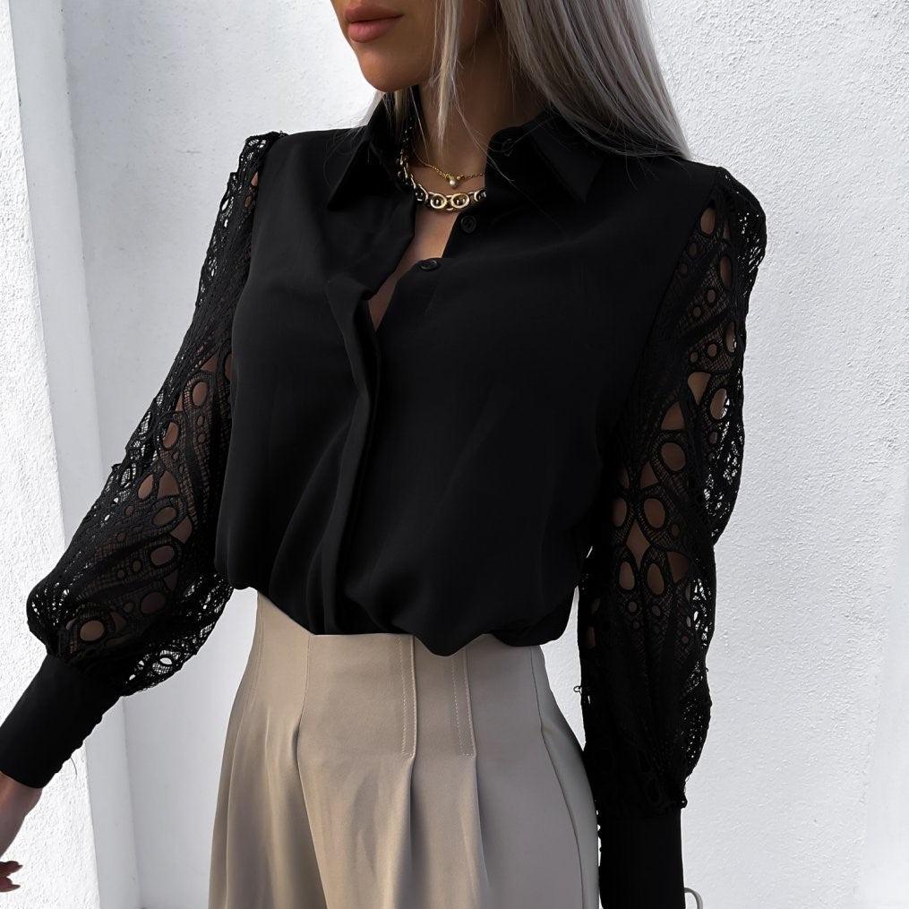 Elegant Women's Blouse with Lace Long Sleeves and Silky Finish – Versatile Button-Down Long Sleeve Top for Formal and Casual Wear 3