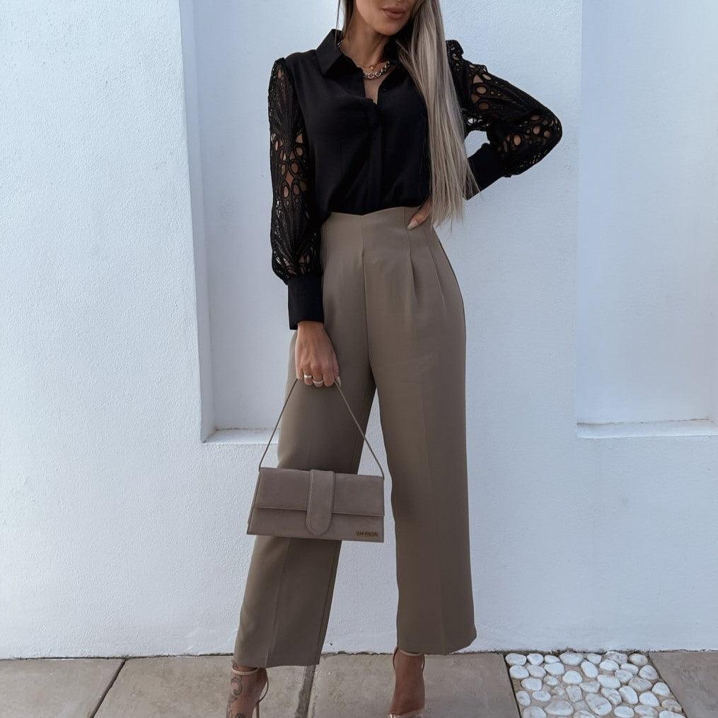 Elegant Women's Blouse with Lace Long Sleeves and Silky Finish – Versatile Button-Down Long Sleeve Top for Formal and Casual Wear 5
