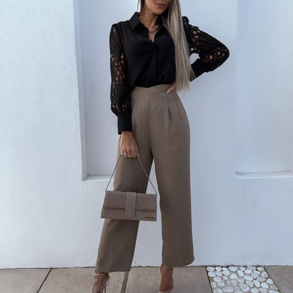 Elegant Women's Blouse with Lace Long Sleeves and Silky Finish – Versatile Button-Down Long Sleeve Top for Formal and Casual Wear 5