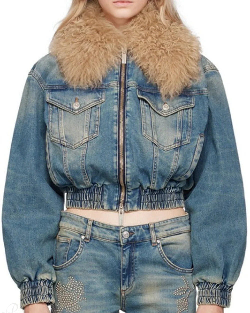 Evelyn Women's Quilted Denim Jacket | Fur Collar, Regular Fit 1