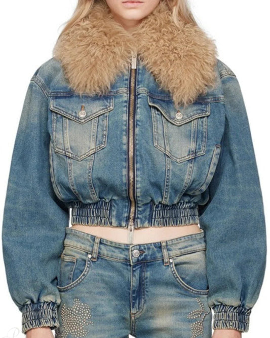 Evelyn Women's Quilted Denim Jacket | Fur Collar, Regular Fit 1