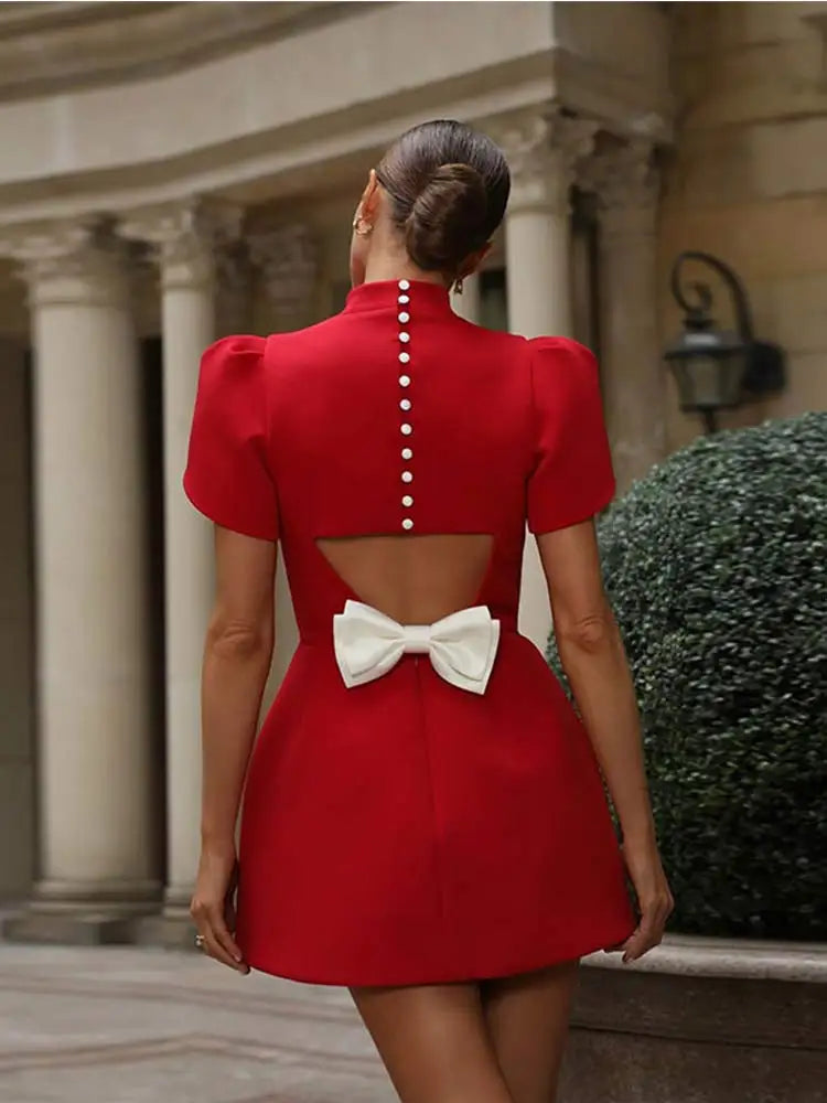 Women's Mini Dress Red Polyester Hollow Tie Summer Cocktail Dress-4