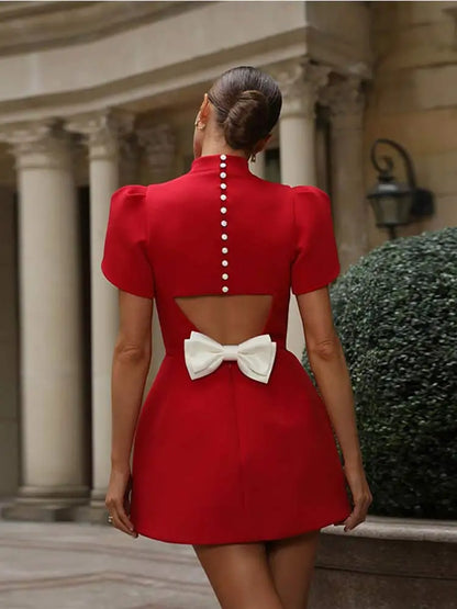 Women's Mini Dress Red Polyester Hollow Tie Summer Cocktail Dress-4