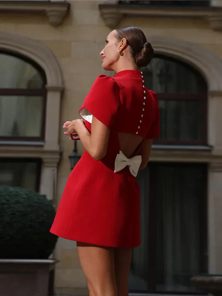 Women's Mini Dress Red Polyester Hollow Tie Summer Cocktail Dress-6