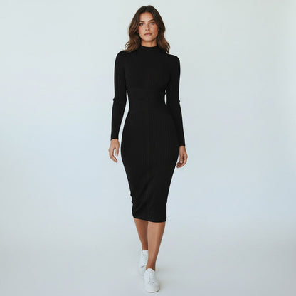 Women's Midi Dress Black Elegant Stand Collar Soft Fabric - 2