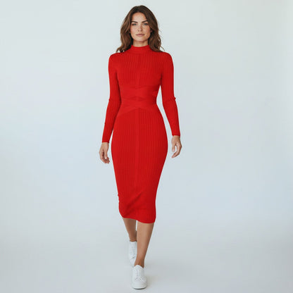 Women's Midi Dress Black Elegant Stand Collar Soft Fabric - 3