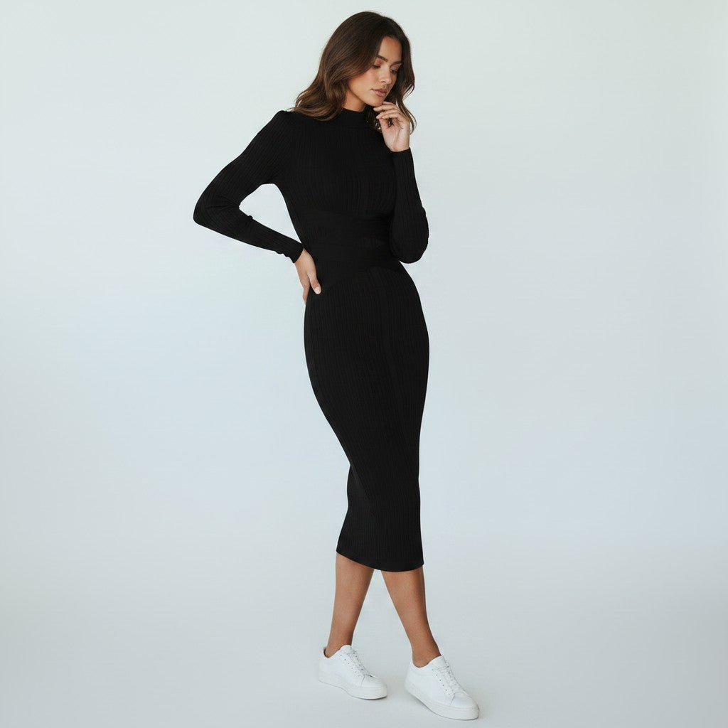 Women's Midi Dress Black Elegant Stand Collar Soft Fabric - 5