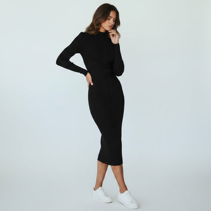Women's Midi Dress Black Elegant Stand Collar Soft Fabric - 5