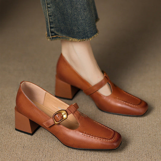Women's Faux Leather Mary Jane Heels - front view | Hensley London