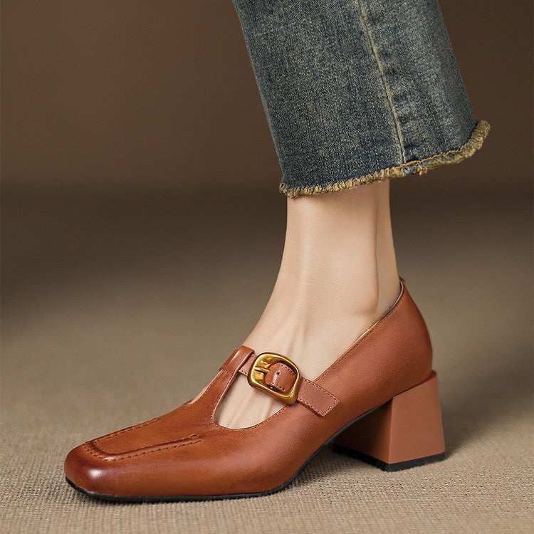 Women's Faux Leather Mary Jane Heels - side view | Hensley London