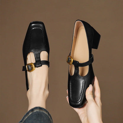 Women's Faux Leather Mary Jane Heels - strap detail view | Hensley London