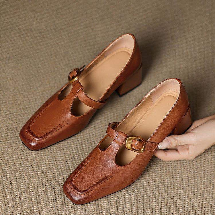 Women's Faux Leather Mary Jane Heels - top view | Hensley London