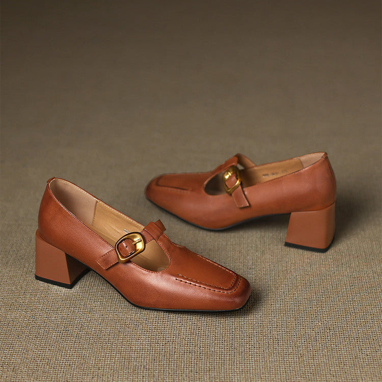 Women's Faux Leather Mary Jane Heels - sole view | Hensley London
