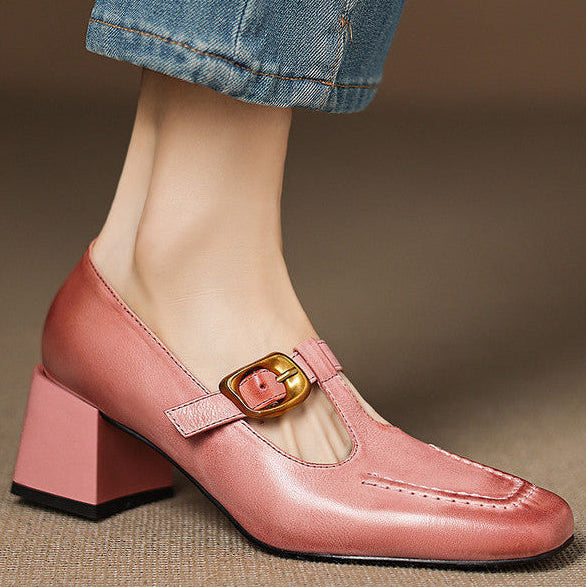 Women's Faux Leather Mary Jane Heels - worn view | Hensley London