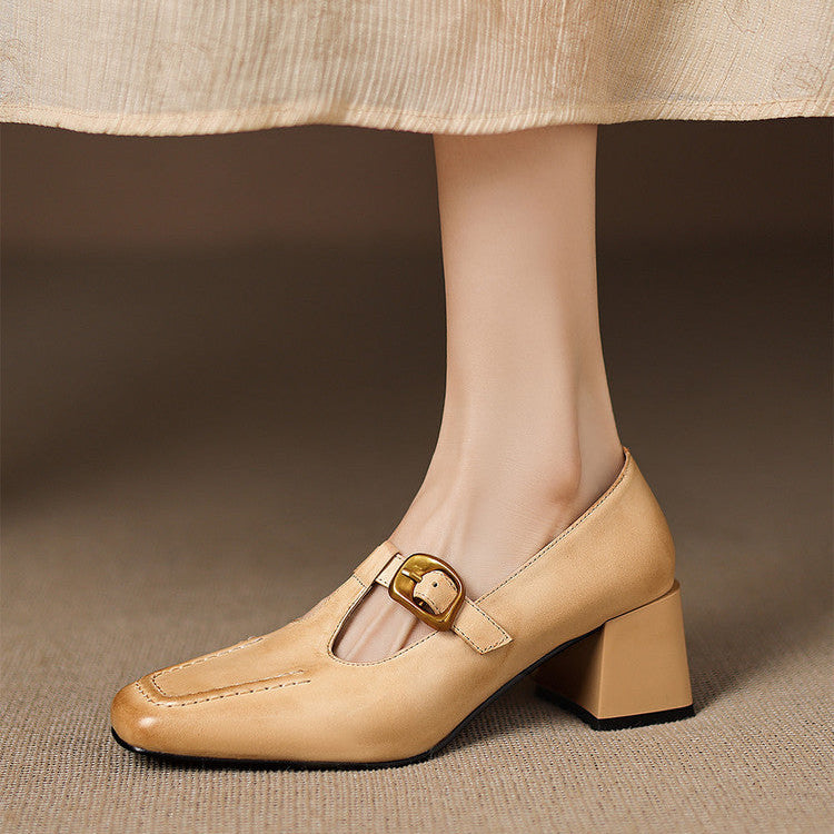 Women's Faux Leather Mary Jane Heels - heel detail view | Hensley London