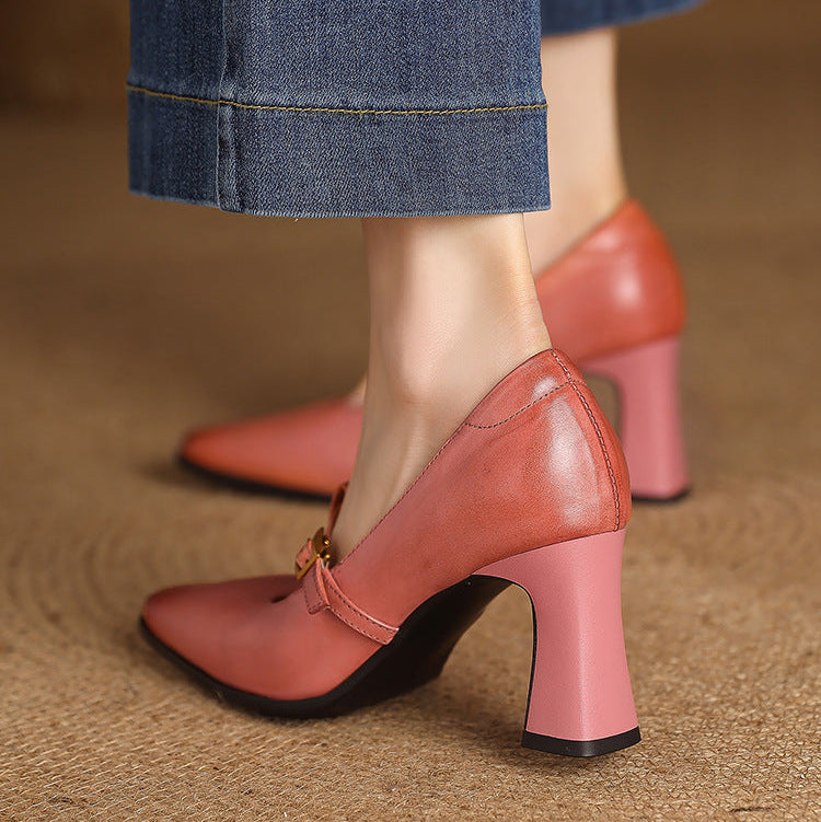 Women's Genuine Leather T-Strap Block Heel Pumps – product view | Hensley London