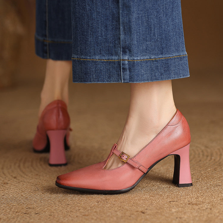 Women's Genuine Leather T-Strap Block Heel Pumps – product view | Hensley London