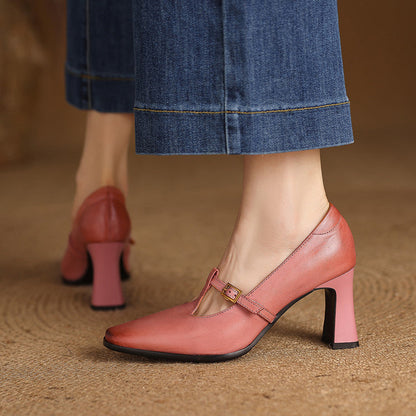 Women's Genuine Leather T-Strap Block Heel Pumps – product view | Hensley London