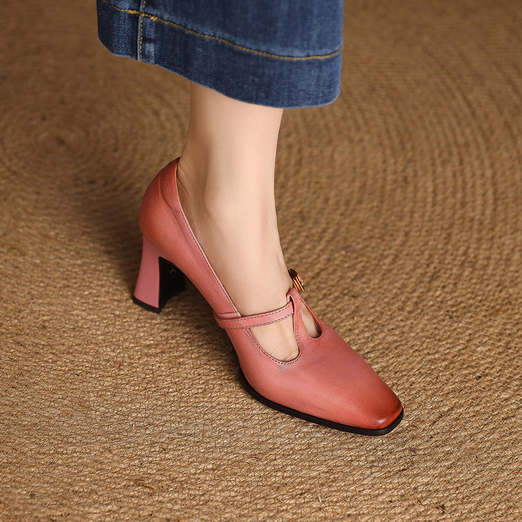 Women's Genuine Leather T-Strap Block Heel Pumps – product view | Hensley London