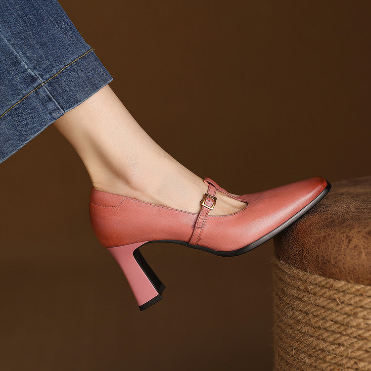 Women's Genuine Leather T-Strap Block Heel Pumps – product view | Hensley London