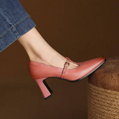 Women's Genuine Leather T-Strap Block Heel Pumps – product view | Hensley London