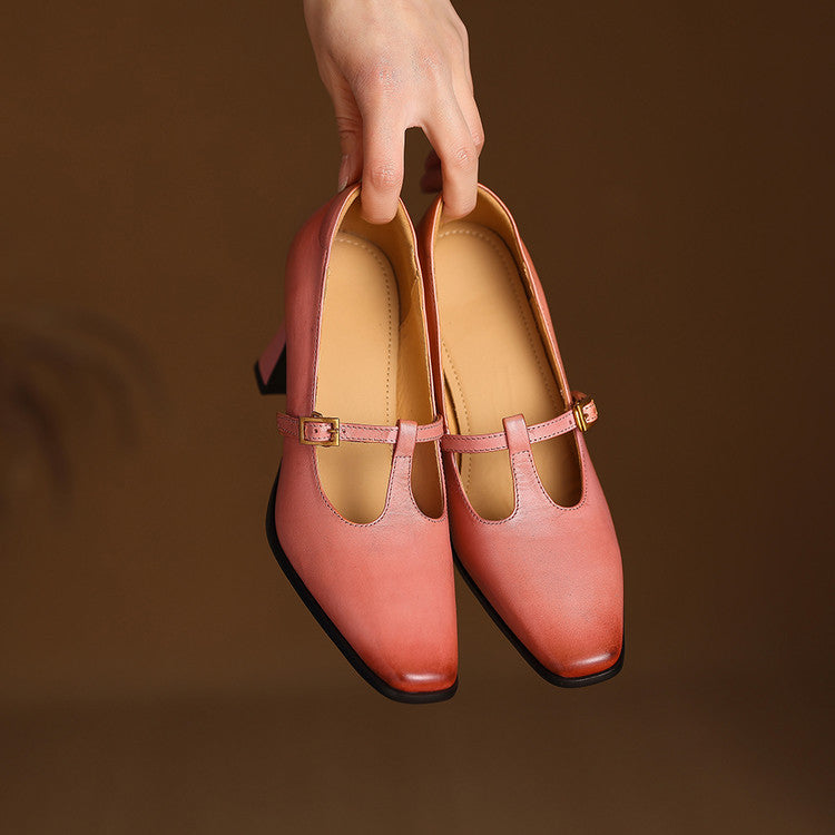 Women's Genuine Leather T-Strap Block Heel Pumps – product view | Hensley London