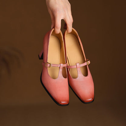 Women's Genuine Leather T-Strap Block Heel Pumps – product view | Hensley London