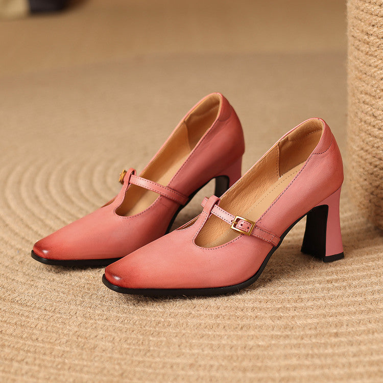 Women's Genuine Leather T-Strap Block Heel Pumps – product view | Hensley London