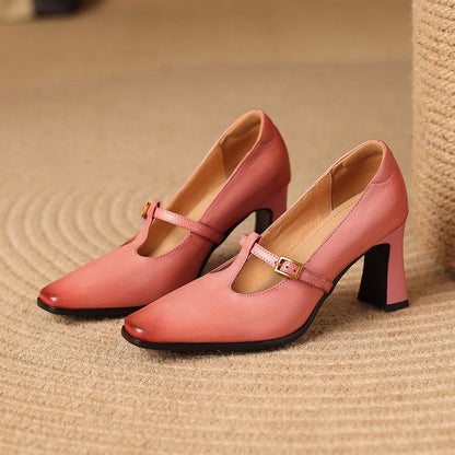 Women's Genuine Leather T-Strap Block Heel Pumps – product view | Hensley London