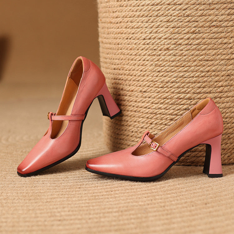 Women's Genuine Leather T-Strap Block Heel Pumps – product view | Hensley London