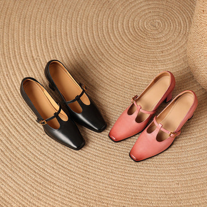 Women's Genuine Leather T-Strap Block Heel Pumps – product view | Hensley London