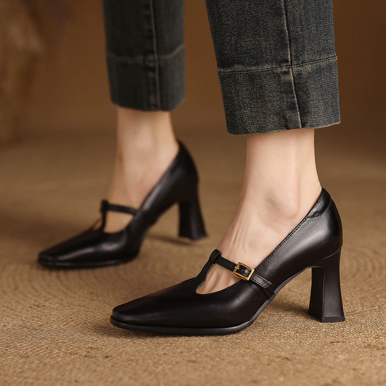 Women's Genuine Leather T-Strap Block Heel Pumps – product view | Hensley London