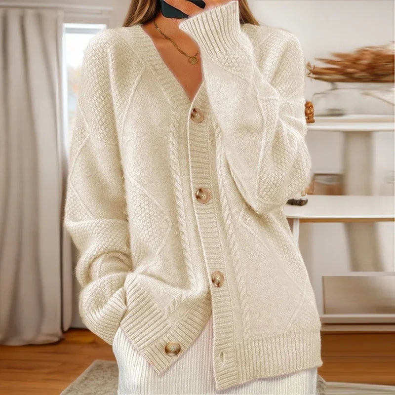 Women's Cable-Knit Button-Front Cardigan in Beige – product view 1 | Hensley London