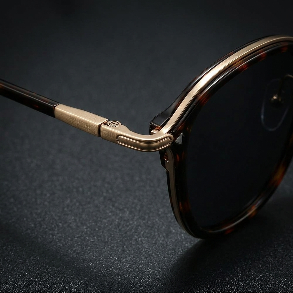 Men's Two-Tone Metal Round Sunglasses in Copper Tortoise – temple detail | Hensley London
