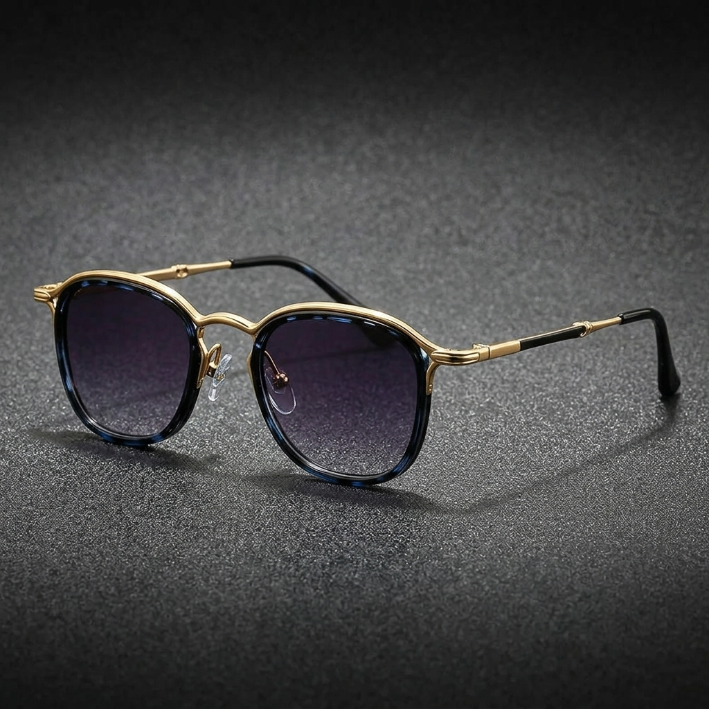 Men's Two-Tone Metal Round Sunglasses in Blue Leopard – front view | Hensley London