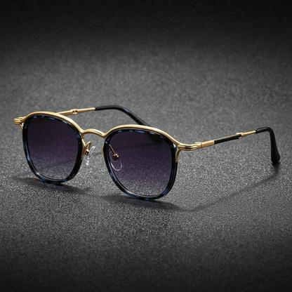 Men's Two-Tone Metal Round Sunglasses in Blue Leopard – front view | Hensley London