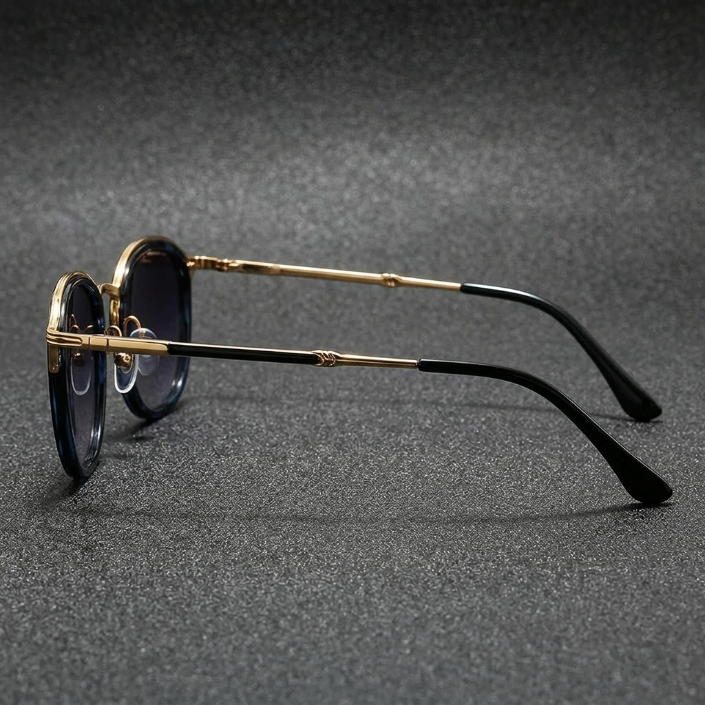 Men's Two-Tone Metal Round Sunglasses in Blue Leopard – side view | Hensley London