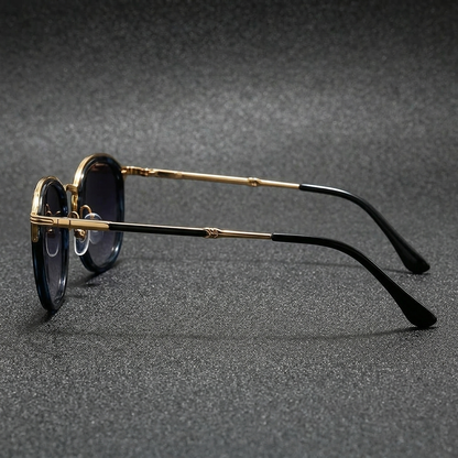 Men's Two-Tone Metal Round Sunglasses in Blue Leopard – side view | Hensley London