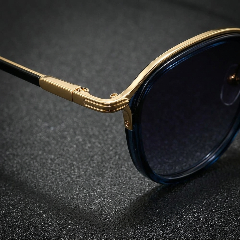 Men's Two-Tone Metal Round Sunglasses in Blue Leopard – frame detail | Hensley London