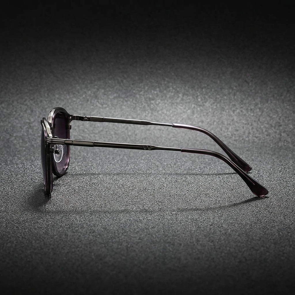 Men's Two-Tone Metal Round Sunglasses in Purple Gunmetal – side view | Hensley London