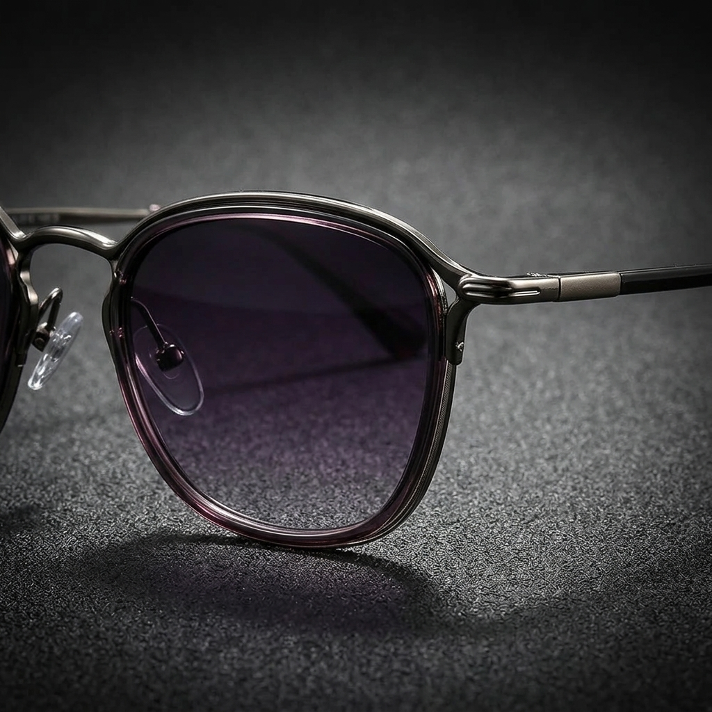 Men's Two-Tone Metal Round Sunglasses in Purple Gunmetal – angled detail | Hensley London