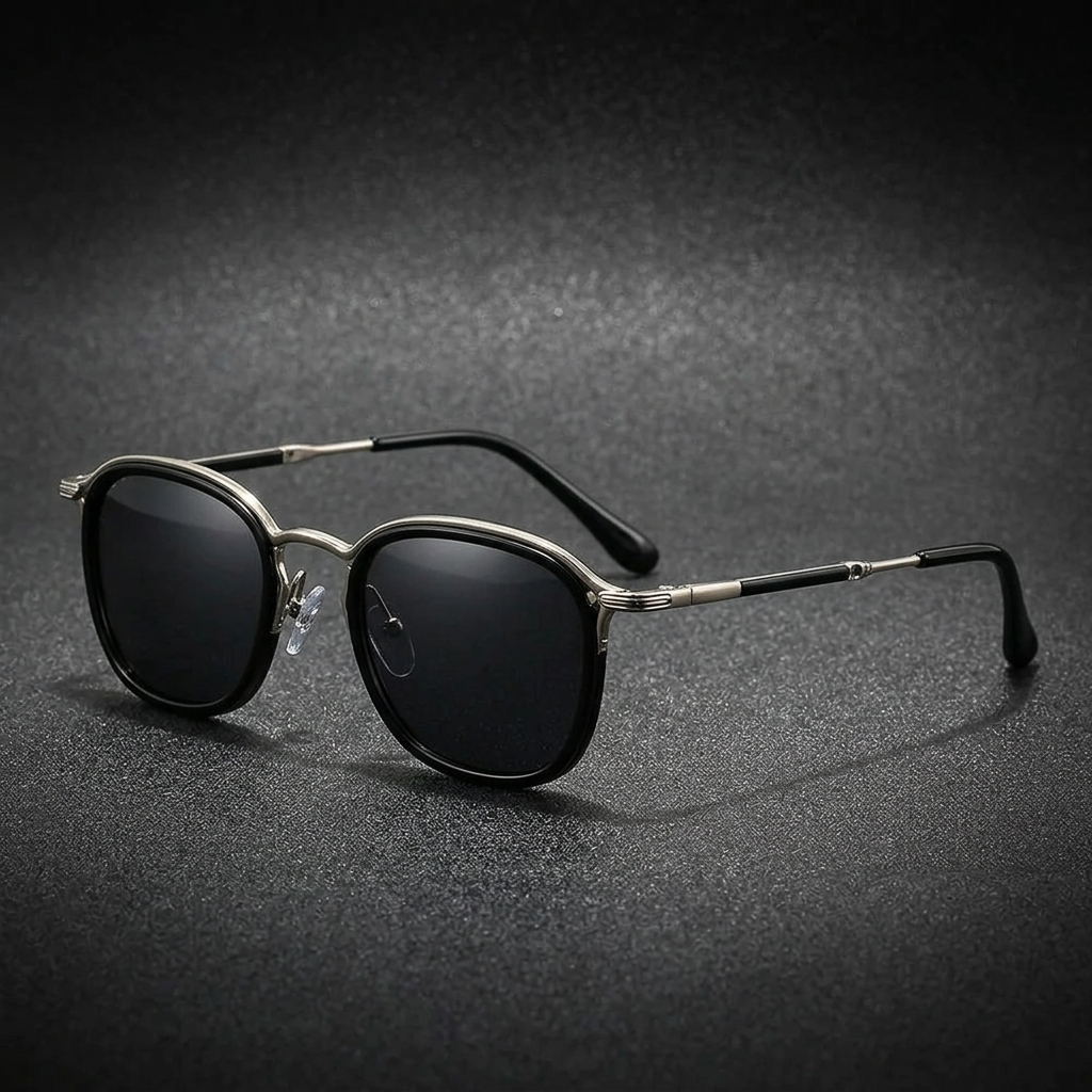 Men's Two-Tone Metal Round Sunglasses in Gold – angled detail | Hensley London