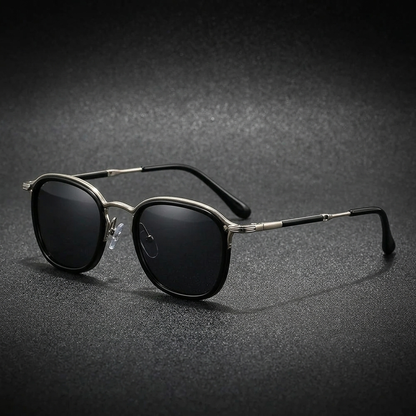 Men's Two-Tone Metal Round Sunglasses in Gold – angled detail | Hensley London