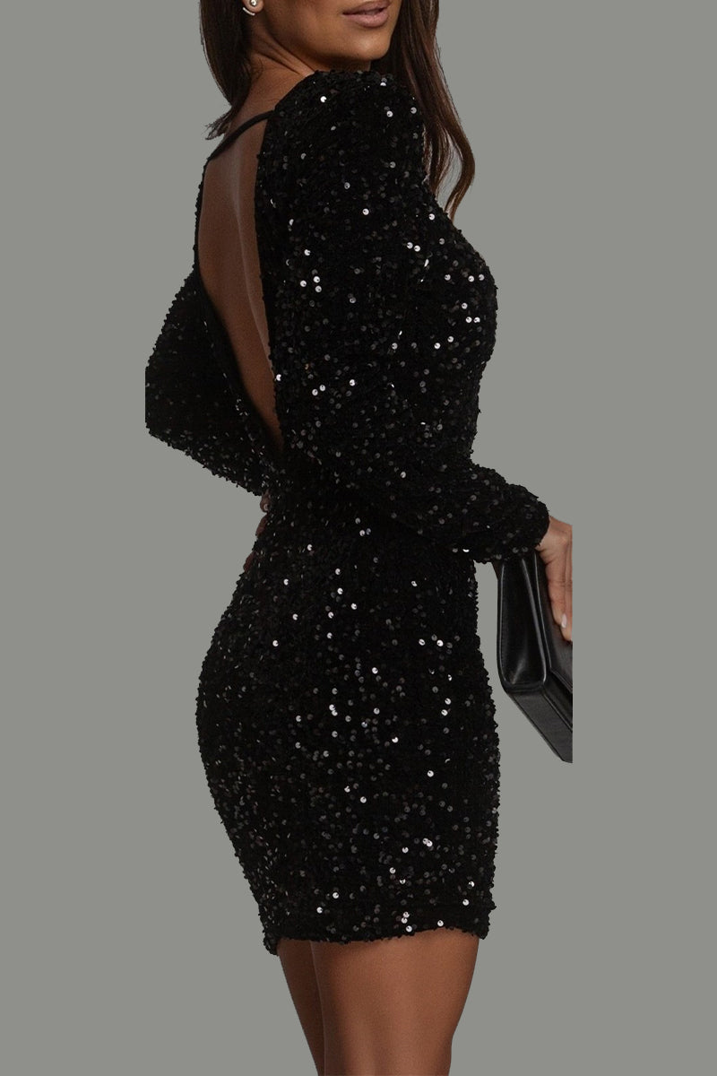 Women's Evening Dress Black Glitter Open Back - 2