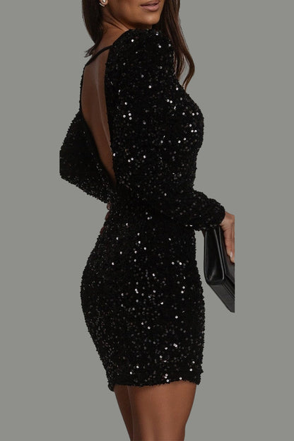 Women's Evening Dress Black Glitter Open Back - 2