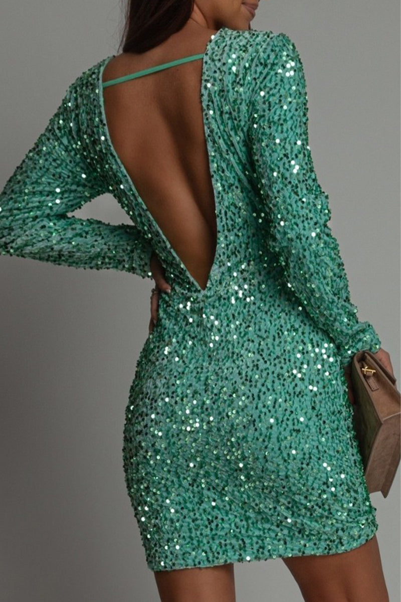Women's Evening Dress Black Glitter Open Back - 7