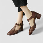 Women's Black Heels Leather Orthopaedic T-Strap Block Shoes - 1