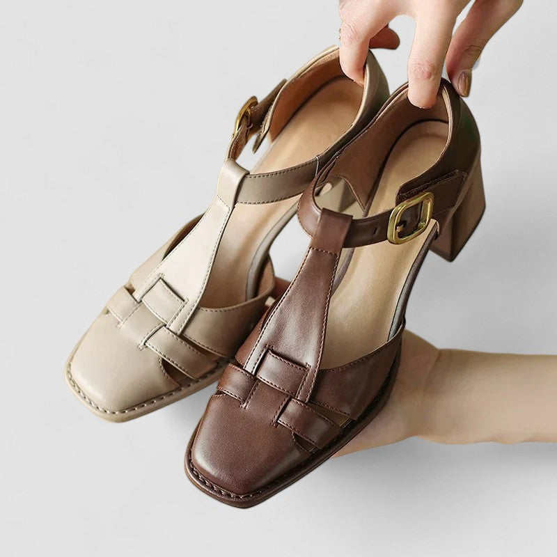 Women's Black Heels Leather Orthopaedic T-Strap Block Shoes - 2